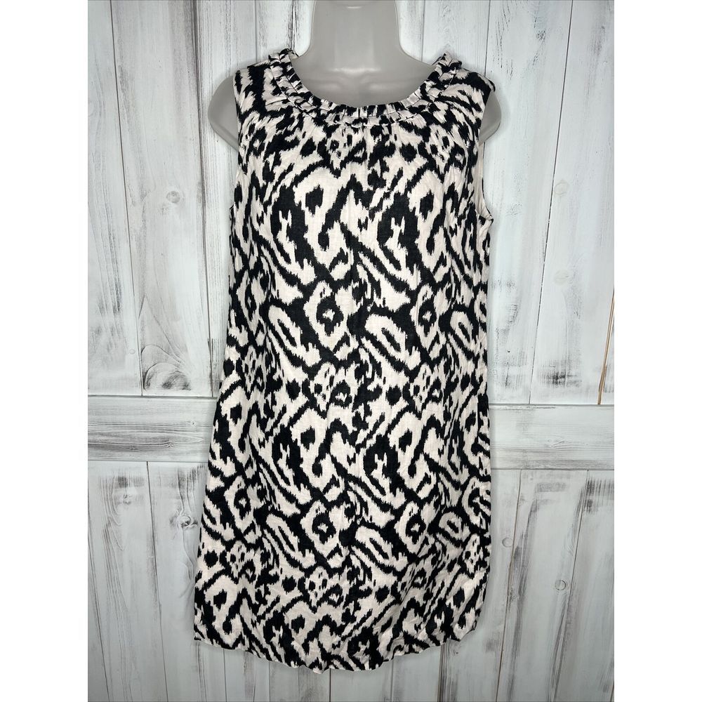WOMENS ANN TAYLOR LOFT BLACK WHITE IKAT 100% LINEN A-LINE‎ SHIFT DRESS 6